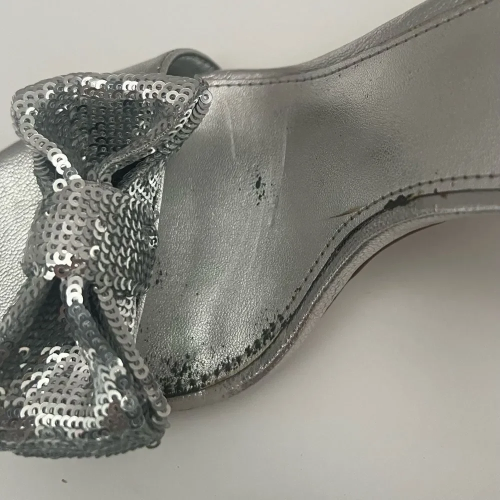 Michael Kors Paris Leather Stiletto‎ Heels Womens 7 Silver Metallic Bow Designer